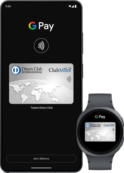 Google Pay en un smartphone Android mostrando una tarjeta Diners Club ClubMiles y un reloj inteligente