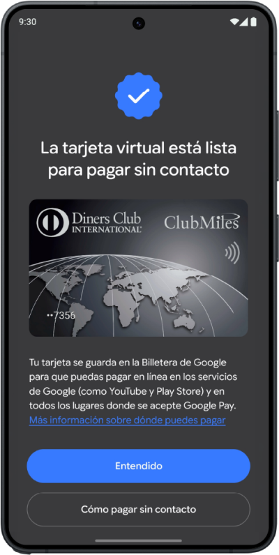 Tarjeta virtual lista para pagar sin contacto