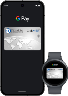 Google Pay en un smartphone Android mostrando una tarjeta Diners Club ClubMiles y un reloj inteligente